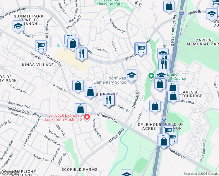 map of restaurants, bars, coffee shops, grocery stores, and more near 1806 Bench Mark Drive in Austin
