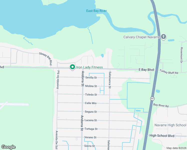 map of restaurants, bars, coffee shops, grocery stores, and more near 8264 Sevilla Street in Navarre