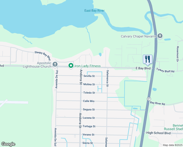 map of restaurants, bars, coffee shops, grocery stores, and more near 8264 Sevilla Street in Navarre