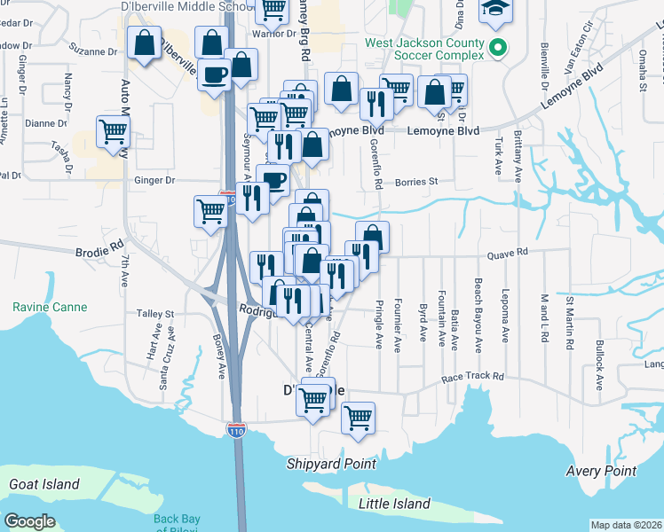 map of restaurants, bars, coffee shops, grocery stores, and more near 10152 Church Ave in D'Iberville