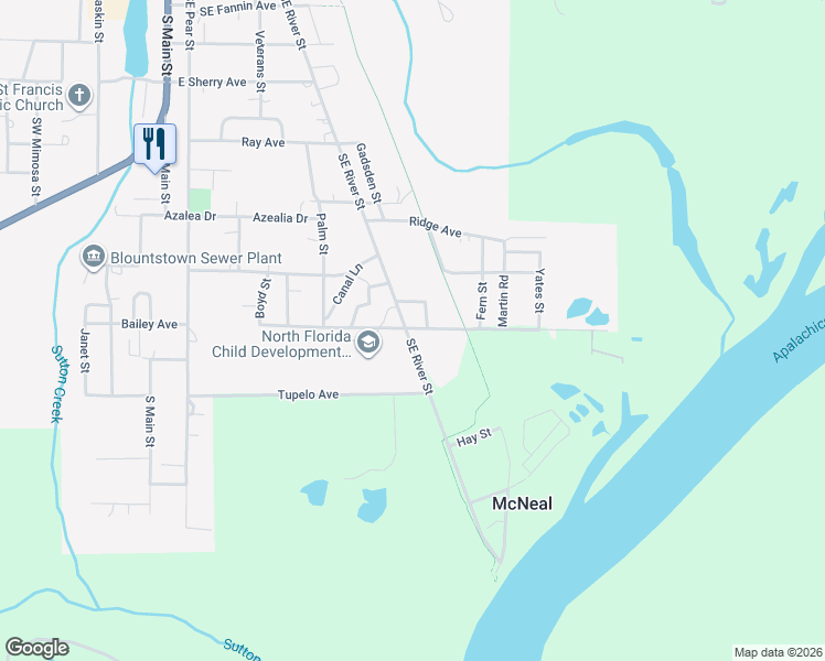 map of restaurants, bars, coffee shops, grocery stores, and more near 16089 River Street in Blountstown