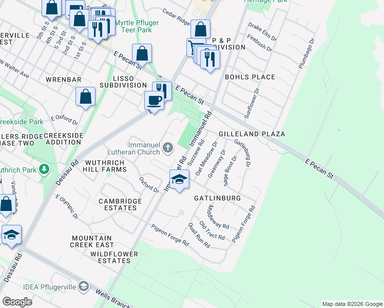 map of restaurants, bars, coffee shops, grocery stores, and more near 500 Suzzane Road in Pflugerville