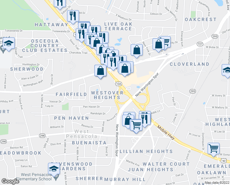 map of restaurants, bars, coffee shops, grocery stores, and more near 4400 Westover Street in Pensacola