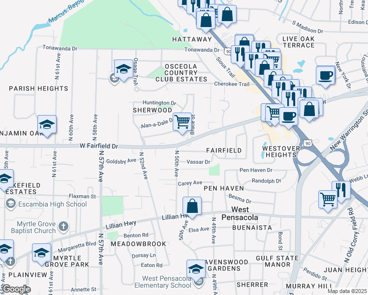 map of restaurants, bars, coffee shops, grocery stores, and more near 4901 West Fairfield Drive in Pensacola