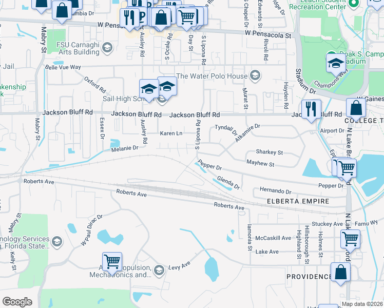 map of restaurants, bars, coffee shops, grocery stores, and more near 1819 Mayhew Street in Tallahassee