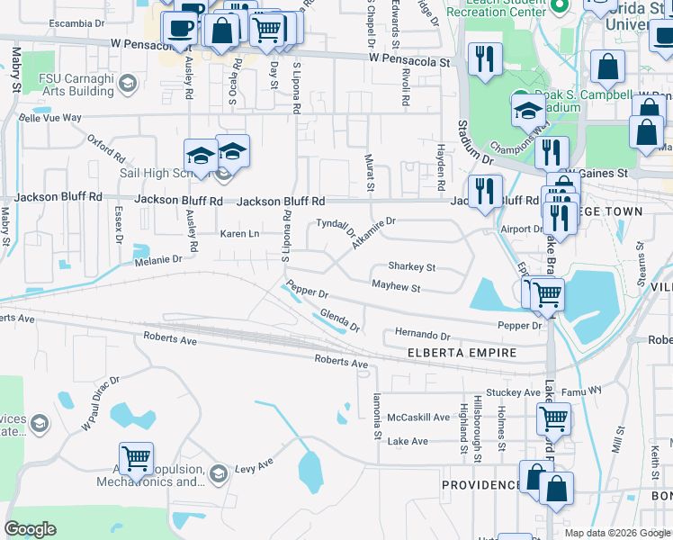 map of restaurants, bars, coffee shops, grocery stores, and more near 1733 Atkamire Drive in Tallahassee