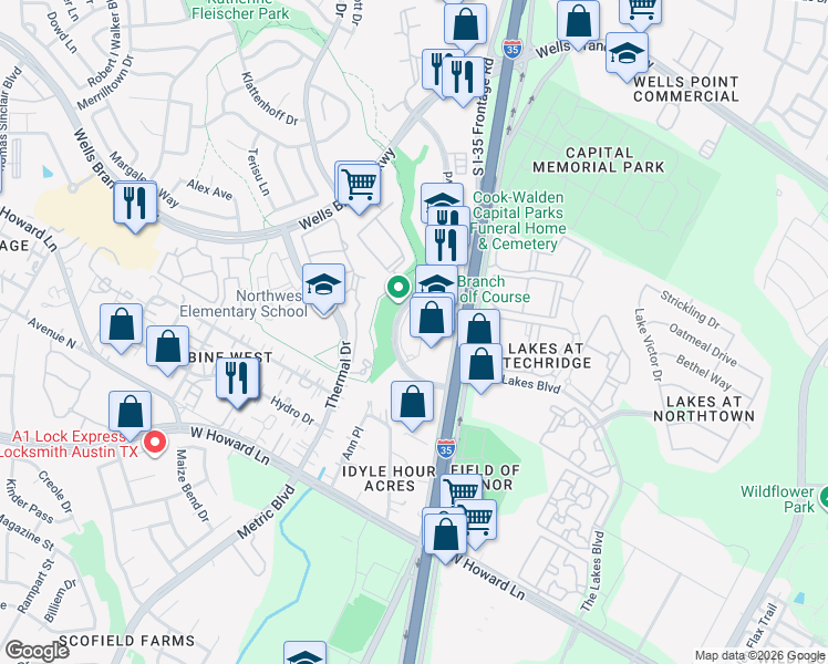 map of restaurants, bars, coffee shops, grocery stores, and more near 14101 Owen-Tech Boulevard in Austin