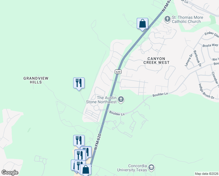 map of restaurants, bars, coffee shops, grocery stores, and more near 9870 North FM 620 in Austin