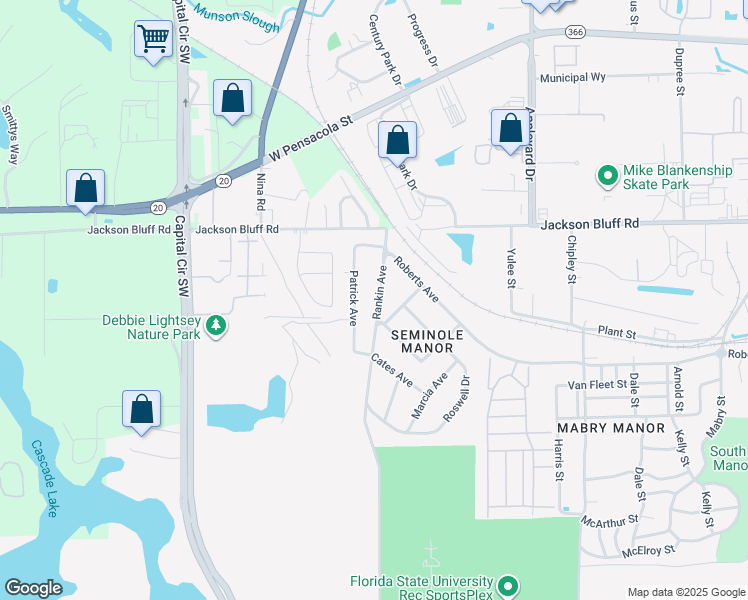 map of restaurants, bars, coffee shops, grocery stores, and more near 1525 Patrick Avenue in Tallahassee