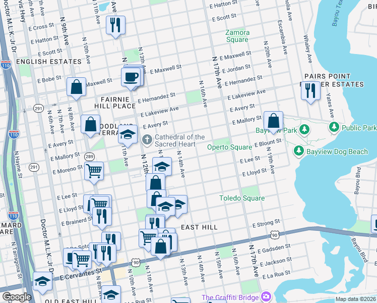 map of restaurants, bars, coffee shops, grocery stores, and more near 1408 East Blount Street in Pensacola