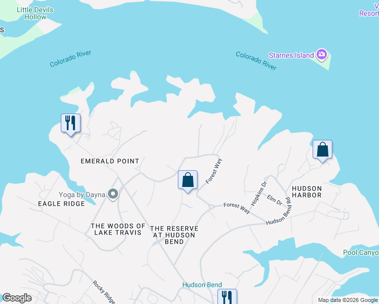 map of restaurants, bars, coffee shops, grocery stores, and more near 16808 Forest Way in Austin