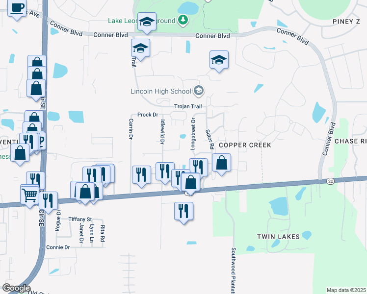 map of restaurants, bars, coffee shops, grocery stores, and more near 1039 Shirley Drive in Tallahassee