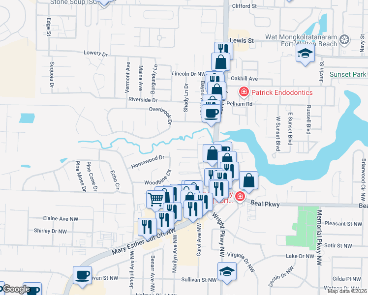 map of restaurants, bars, coffee shops, grocery stores, and more near 1851 Norwood Court in Fort Walton Beach