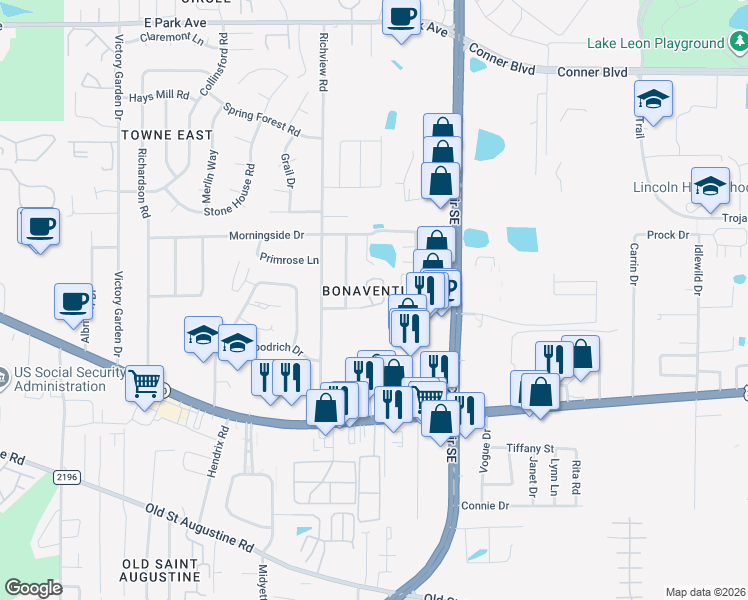 map of restaurants, bars, coffee shops, grocery stores, and more near 3059 Camelliawood Circle East in Tallahassee