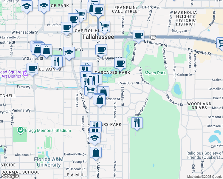 map of restaurants, bars, coffee shops, grocery stores, and more near 211 East Van Buren Street in Tallahassee