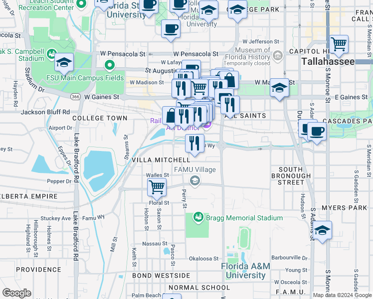 map of restaurants, bars, coffee shops, grocery stores, and more near 1211 Conklin Street in Tallahassee