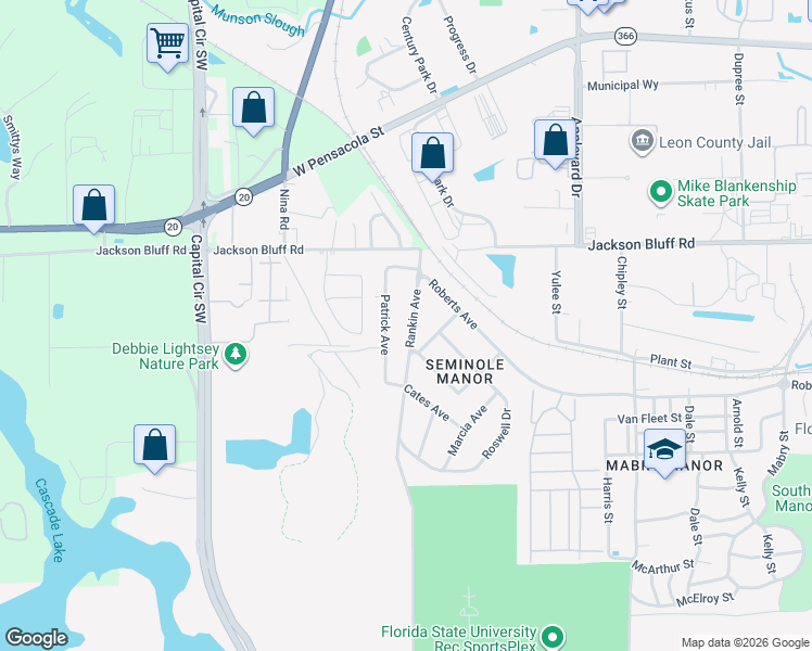 map of restaurants, bars, coffee shops, grocery stores, and more near 1525 Patrick Avenue in Tallahassee