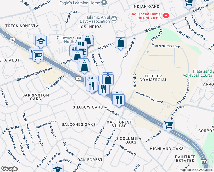 map of restaurants, bars, coffee shops, grocery stores, and more near 12593 Research Boulevard in Austin
