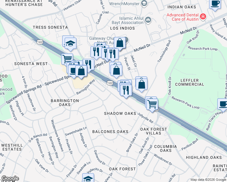 map of restaurants, bars, coffee shops, grocery stores, and more near 12650-12708 Research Boulevard in Austin