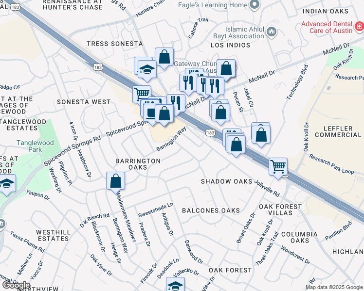 map of restaurants, bars, coffee shops, grocery stores, and more near 12216 Dundee Drive in Austin