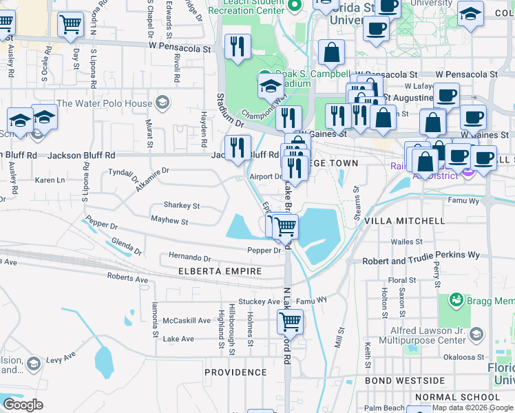map of restaurants, bars, coffee shops, grocery stores, and more near 1319 Airport Drive in Tallahassee