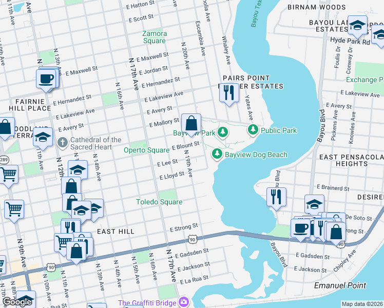 map of restaurants, bars, coffee shops, grocery stores, and more near 1905 East Blount Street in Pensacola