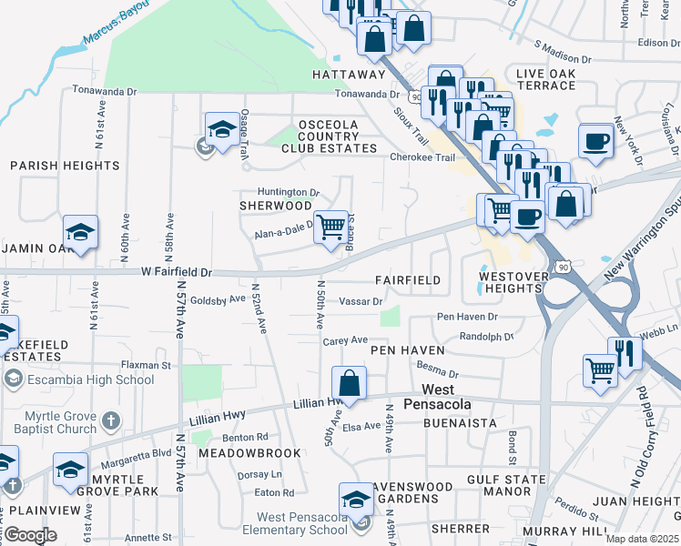 map of restaurants, bars, coffee shops, grocery stores, and more near 4901 West Fairfield Drive in Pensacola