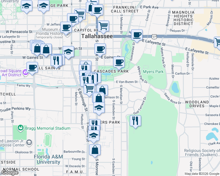 map of restaurants, bars, coffee shops, grocery stores, and more near 211 East Van Buren Street in Tallahassee