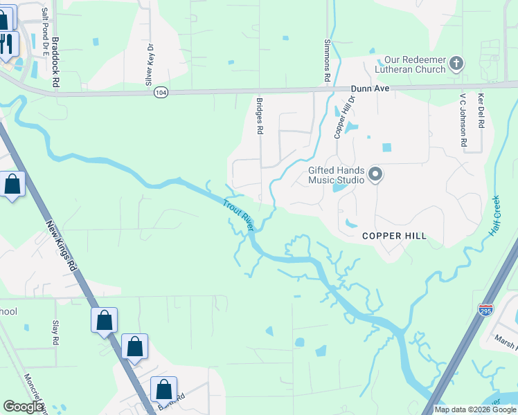 map of restaurants, bars, coffee shops, grocery stores, and more near 10896 Bridges Road in Jacksonville