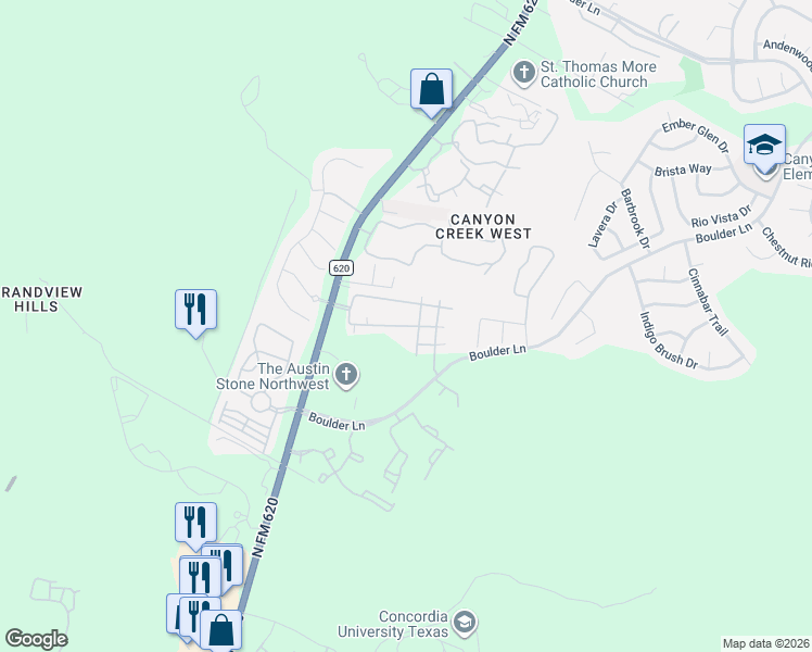 map of restaurants, bars, coffee shops, grocery stores, and more near 9009 North FM 620 in Austin