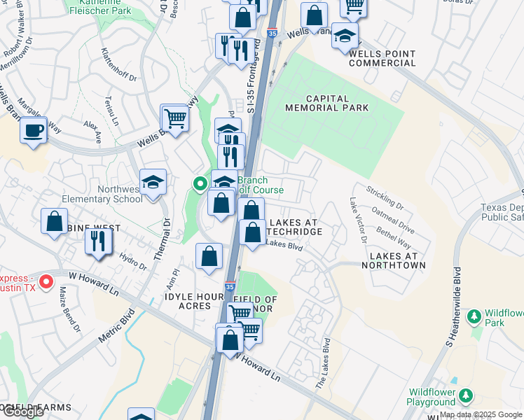 map of restaurants, bars, coffee shops, grocery stores, and more near 14199 Interstate 35 in Pflugerville