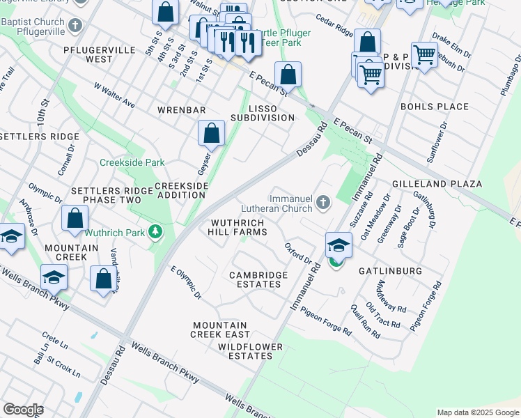 map of restaurants, bars, coffee shops, grocery stores, and more near 700 Oxford Drive in Pflugerville