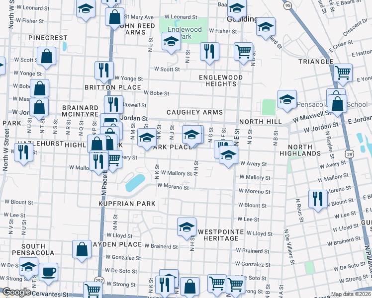 map of restaurants, bars, coffee shops, grocery stores, and more near 1801 North I Street in Pensacola