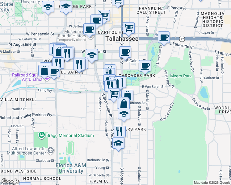 map of restaurants, bars, coffee shops, grocery stores, and more near 1239 South Adams Street in Tallahassee