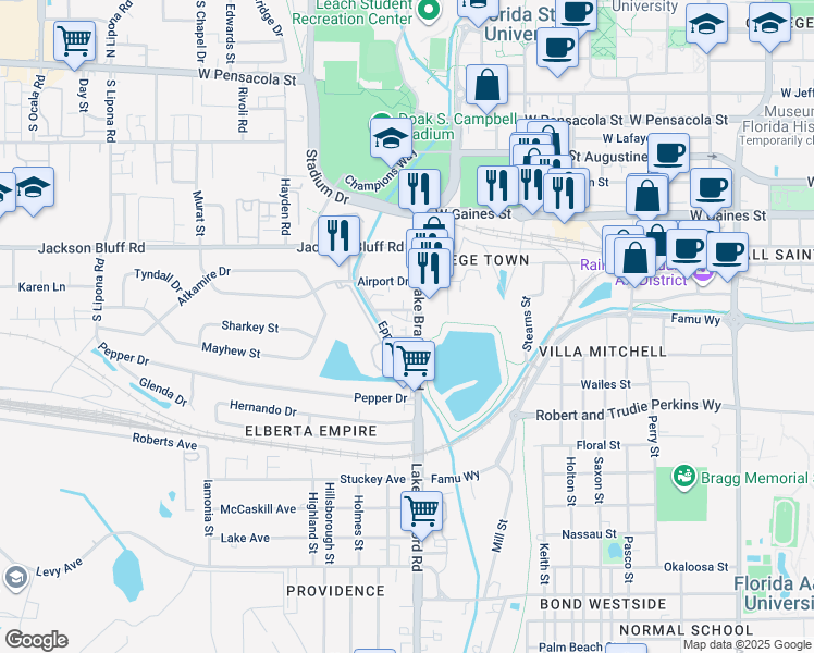 map of restaurants, bars, coffee shops, grocery stores, and more near 1320 Lake Bradford Road in Tallahassee