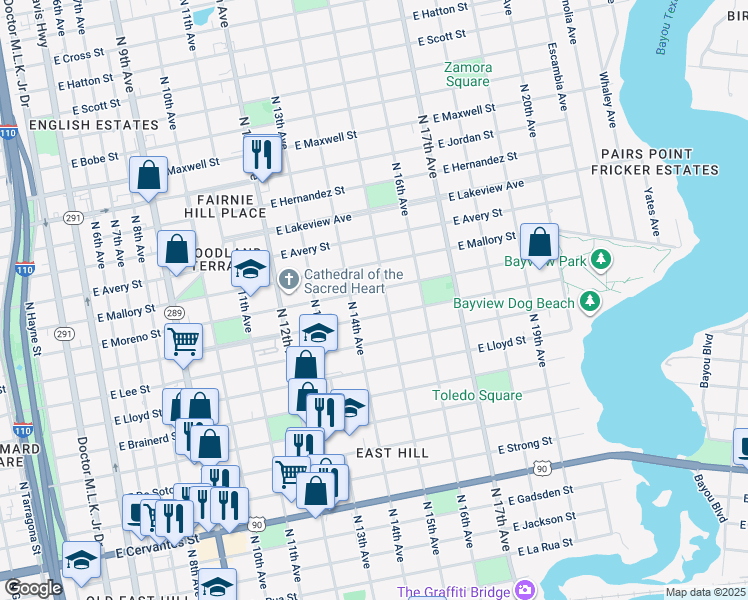 map of restaurants, bars, coffee shops, grocery stores, and more near 1408 East Blount Street in Pensacola