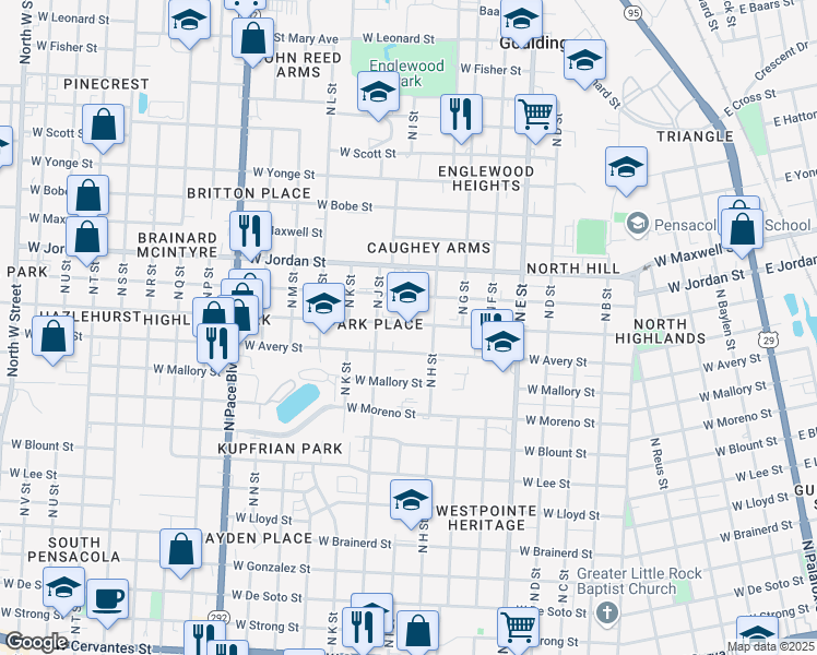 map of restaurants, bars, coffee shops, grocery stores, and more near 1221 West Lakeview Avenue in Pensacola