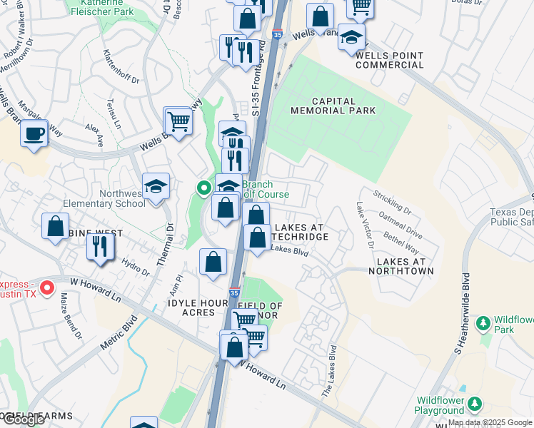 map of restaurants, bars, coffee shops, grocery stores, and more near 14199 North Interstate Highway 35 in Pflugerville