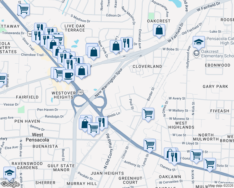 map of restaurants, bars, coffee shops, grocery stores, and more near 1709 Dogwood Place in Pensacola
