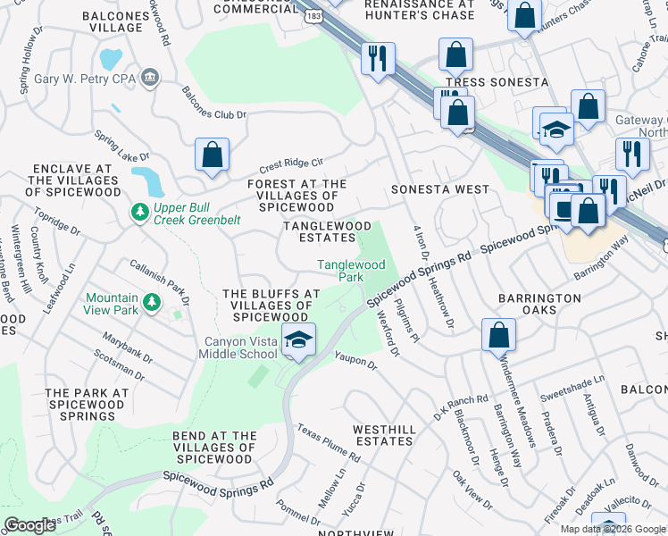 map of restaurants, bars, coffee shops, grocery stores, and more near 11423 Rustic Rock Drive in Austin