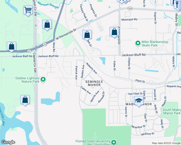 map of restaurants, bars, coffee shops, grocery stores, and more near 1521 Brook Street in Tallahassee