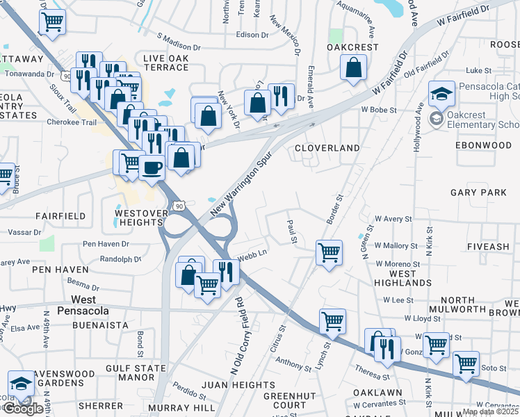 map of restaurants, bars, coffee shops, grocery stores, and more near 1709 Dogwood Place in Pensacola