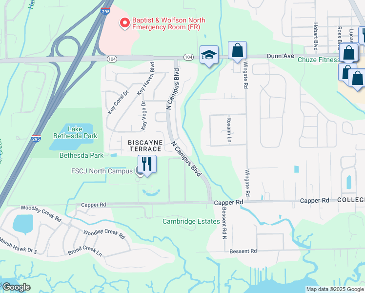 map of restaurants, bars, coffee shops, grocery stores, and more near 10848 Campus Heights Lane in Jacksonville