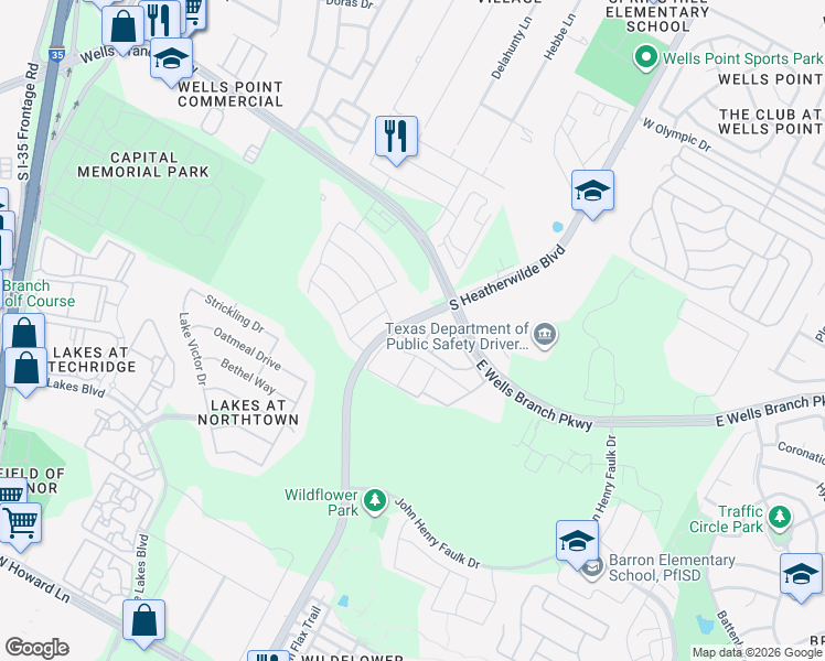 map of restaurants, bars, coffee shops, grocery stores, and more near 1601 South Heatherwilde Boulevard in Pflugerville