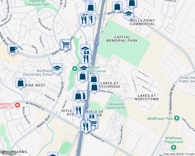 map of restaurants, bars, coffee shops, grocery stores, and more near 14199 North Interstate Highway 35 in Pflugerville