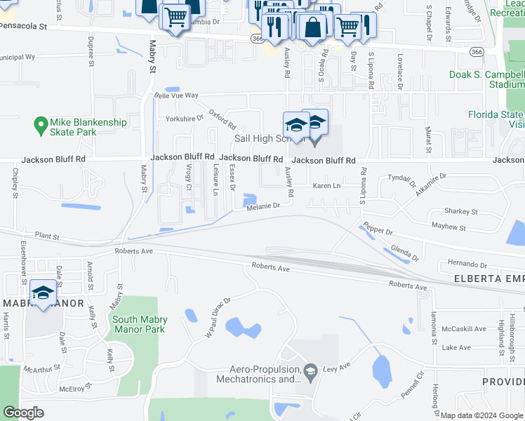 map of restaurants, bars, coffee shops, grocery stores, and more near 2119 Melanie Drive in Tallahassee