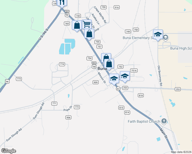 map of restaurants, bars, coffee shops, grocery stores, and more near 109 County Road 767 in Buna