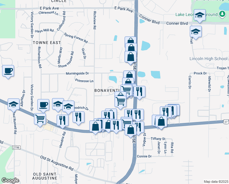 map of restaurants, bars, coffee shops, grocery stores, and more near 3059 Camelliawood Circle East in Tallahassee