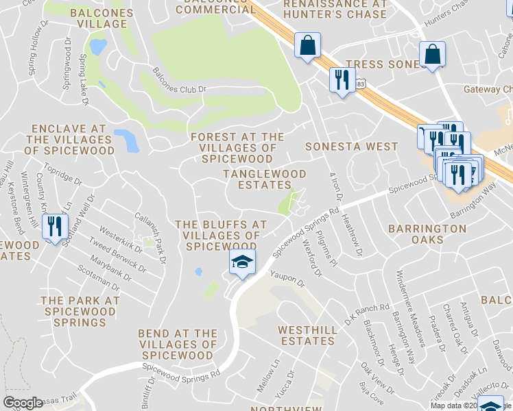 map of restaurants, bars, coffee shops, grocery stores, and more near 11423 Rustic Rock Drive in Austin