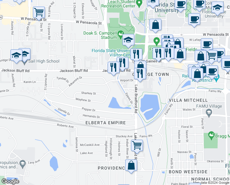 map of restaurants, bars, coffee shops, grocery stores, and more near 1325 Airport Drive in Tallahassee